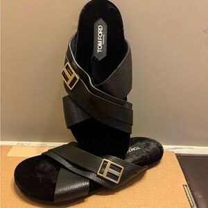 Tom Ford Black Leather Sandals with Gold Accents